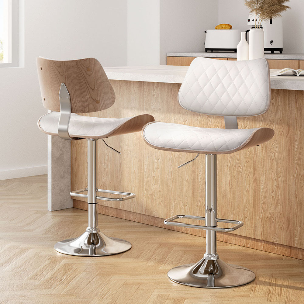 Artiss 2x Bar Stools Kitchen Dining Chairs Gas Lift Stool Wooden Leather White