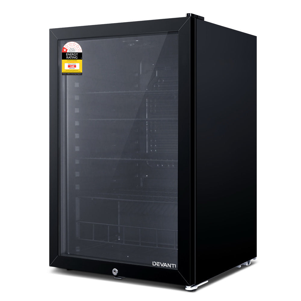 Devanti 115L Bar Fridge Glass Door w/Light Black