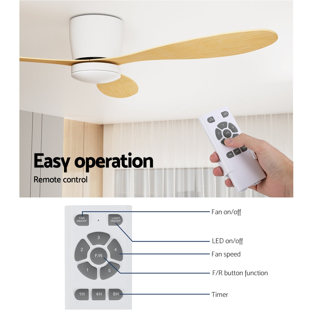 Devanti 52-Inch DC Motor Ceiling Fan with LED Light and Remote Control - Light Wood Finish