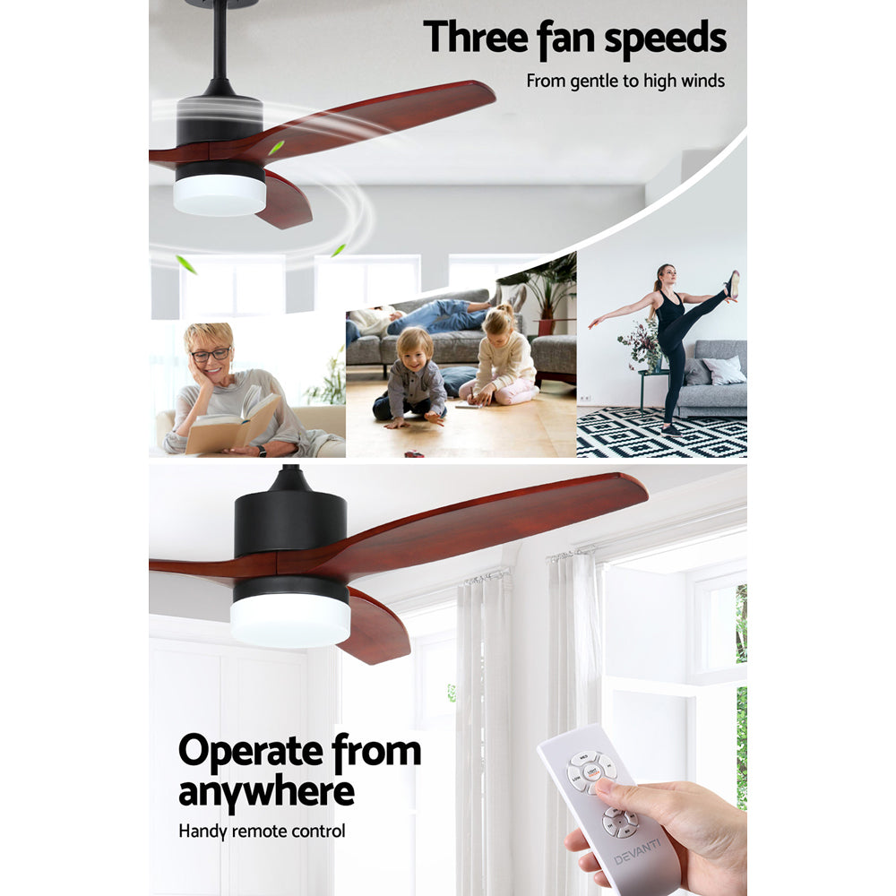 Devanti 52'' Dark Wood Ceiling Fan with LED Light and Remote Control - 3 Blade Design