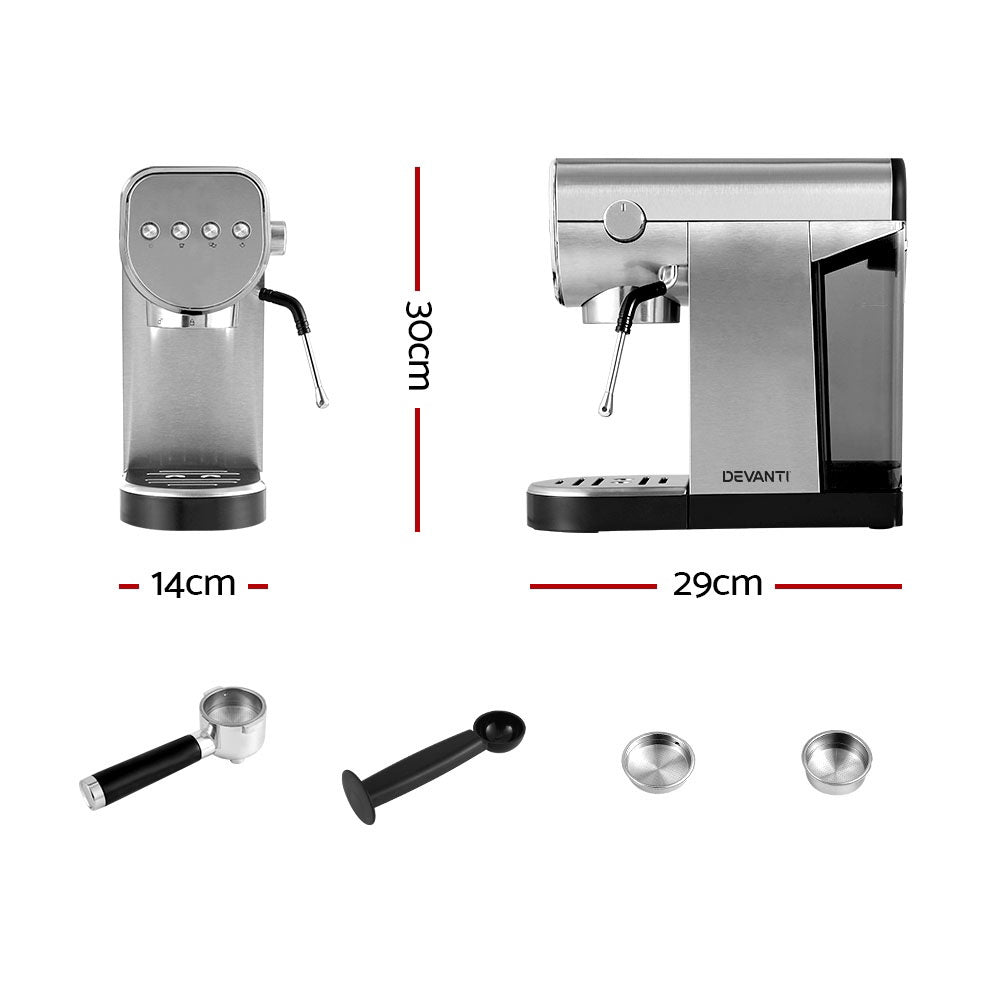 Devanti 20-Bar Espresso Coffee Maker with Milk Frothing Function