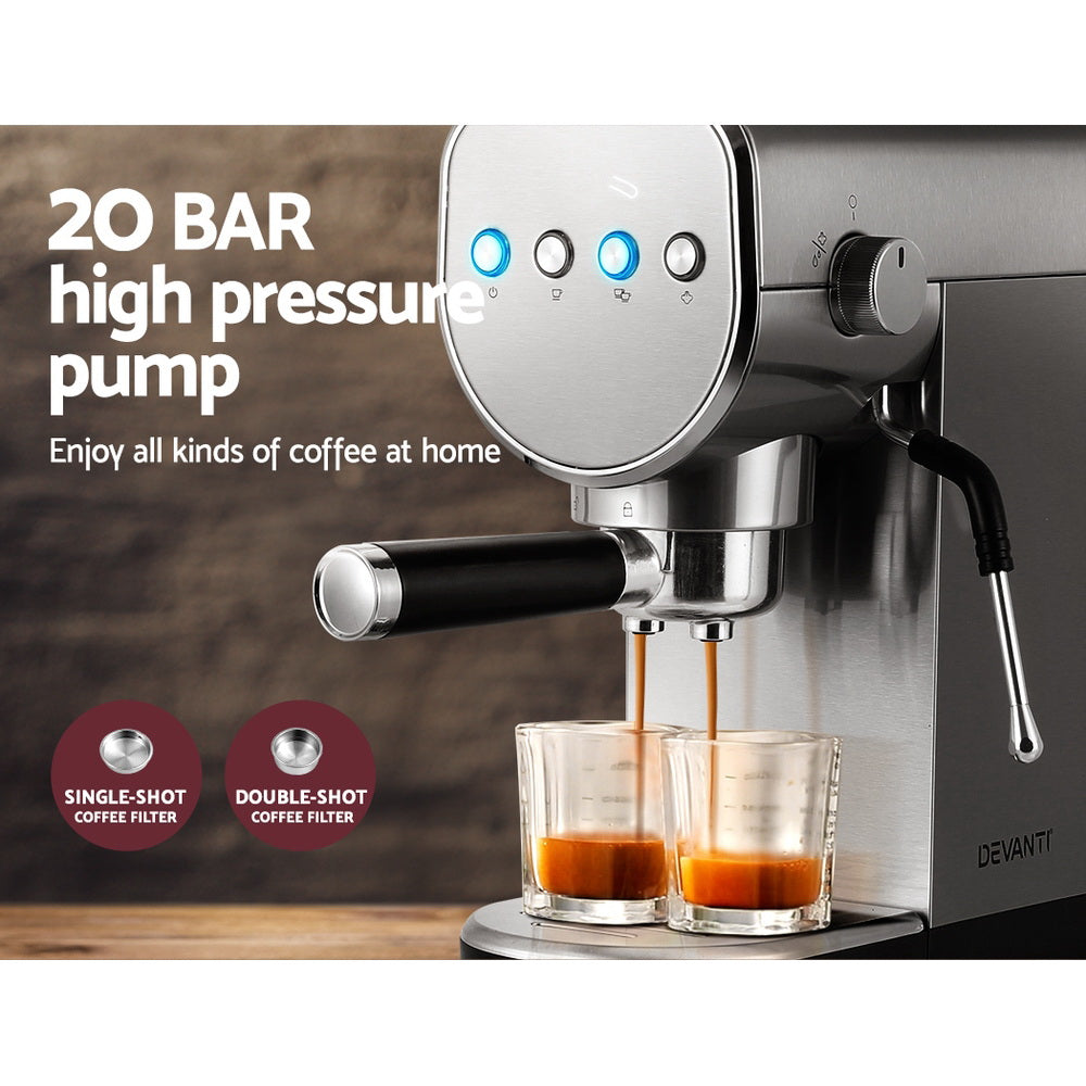 Devanti 20-Bar Espresso Coffee Maker with Milk Frothing Function