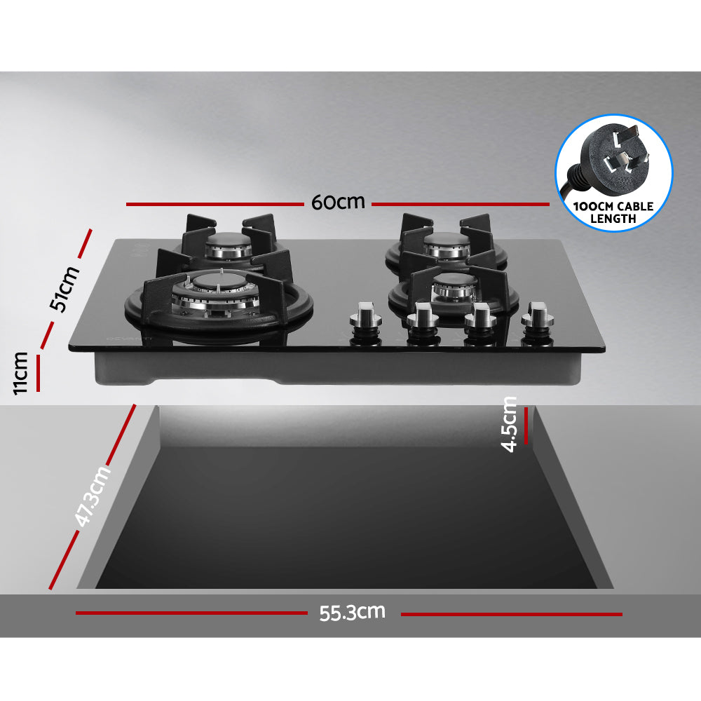 Devanti Gas Cooktop 60cm 4 Burner Black