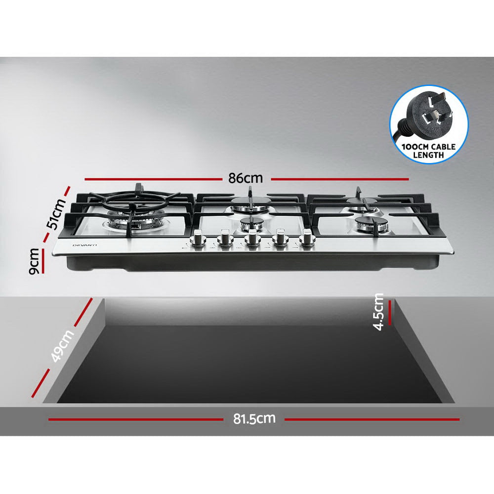 Devanti Gas Cooktop 90cm 5 Burner Silvir