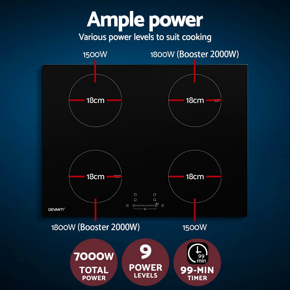 Devanti 70cm Ceramic Induction Cooktop with 4 Zones and 7000W Power Boost