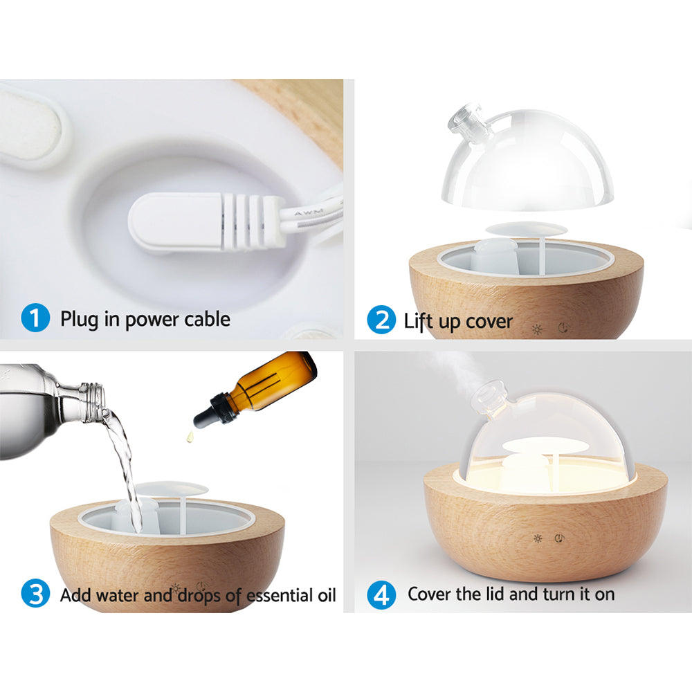 Devanti Ultrasonic 4-in-1 Aroma Diffuser with Glass Dome and Wood Base - 200ml Capacity