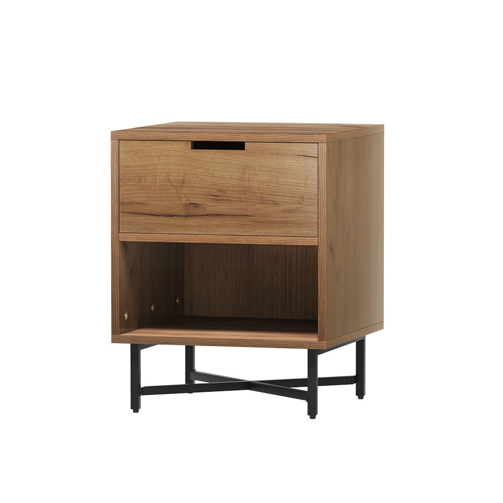 Industrial Rustic Oak Bedside Nightstand with Drawer and Shelf by Artiss - KRAVU Collection