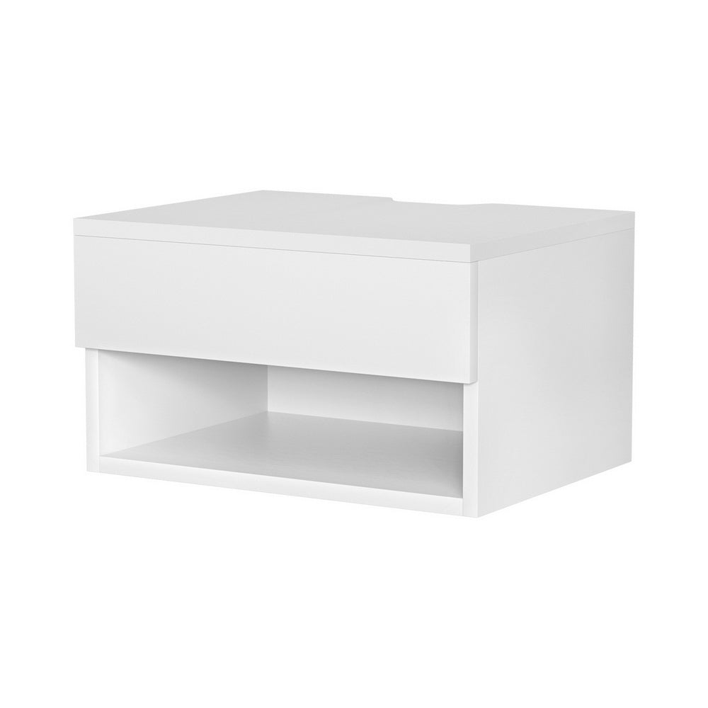 Modern White Floating Nightstand with Drawer and Open Shelf