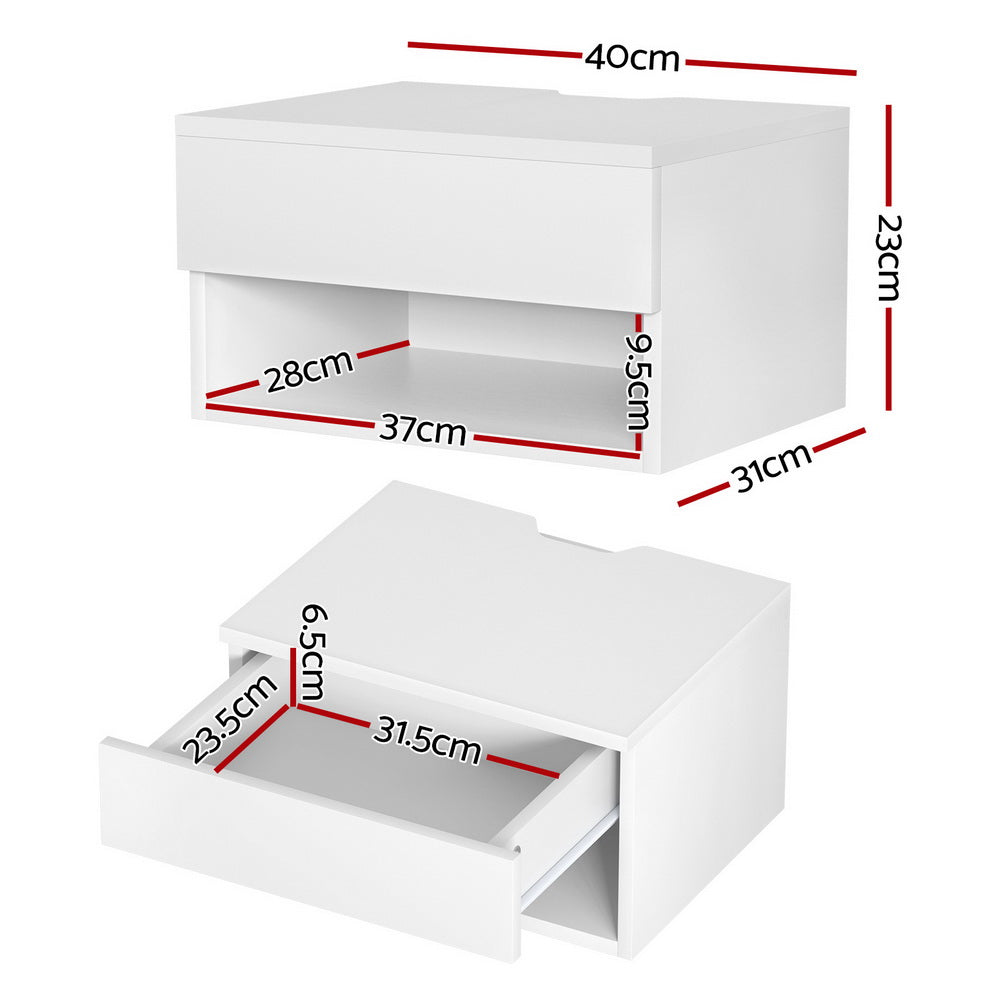 Modern White Floating Nightstand with Drawer and Open Shelf