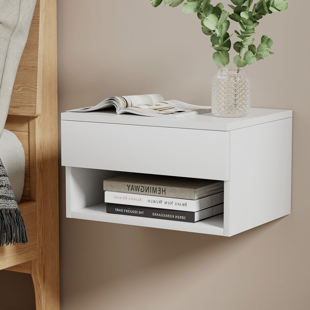 Modern White Floating Nightstand with Drawer and Open Shelf