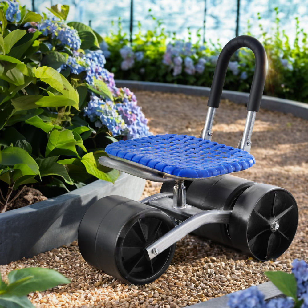 Gardeon Adjustable Garden Stool with Wheels - Foldable Blue Seat