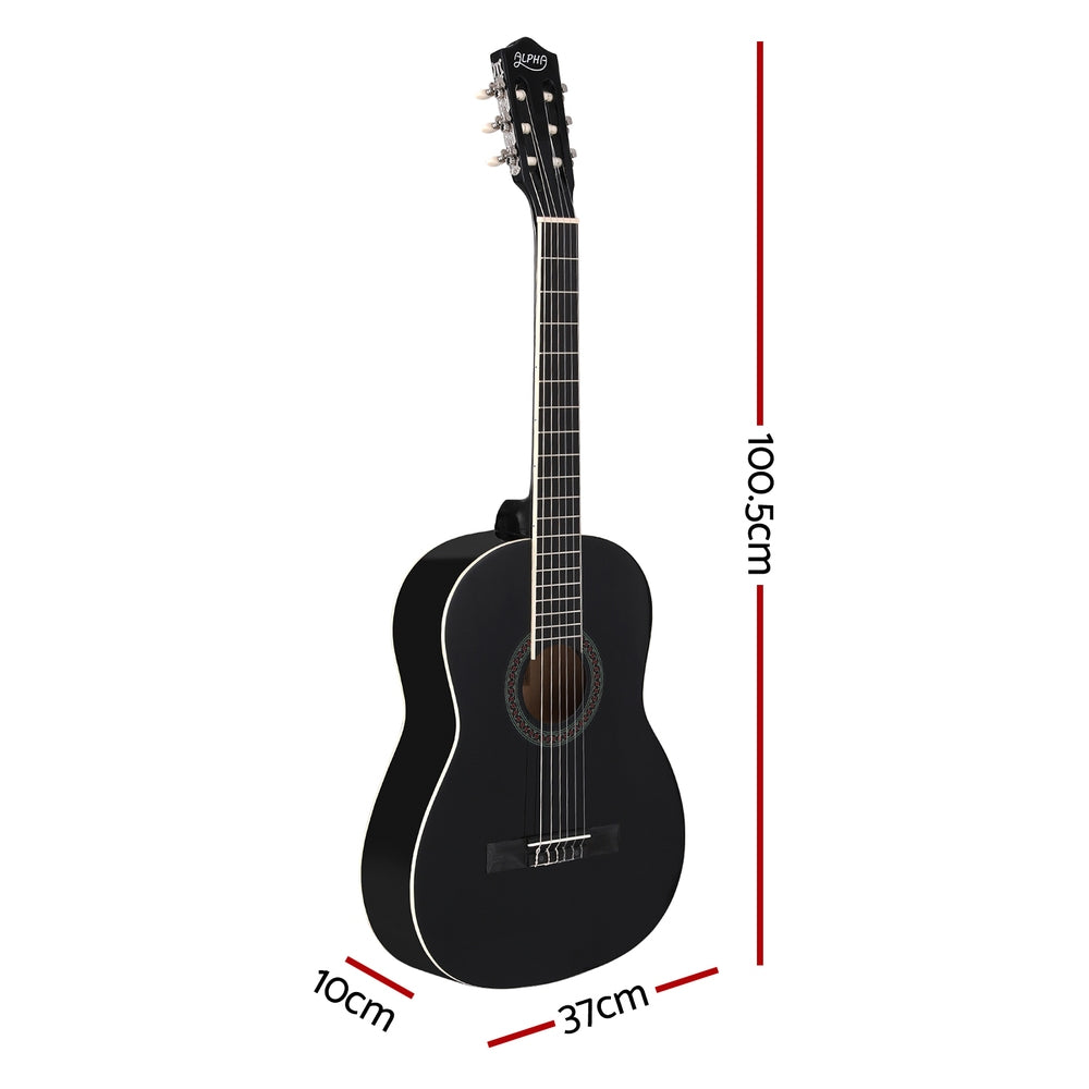 Alpha 39-Inch Beginner Classical Guitar with Wooden Body and Nylon Strings - Black Edition