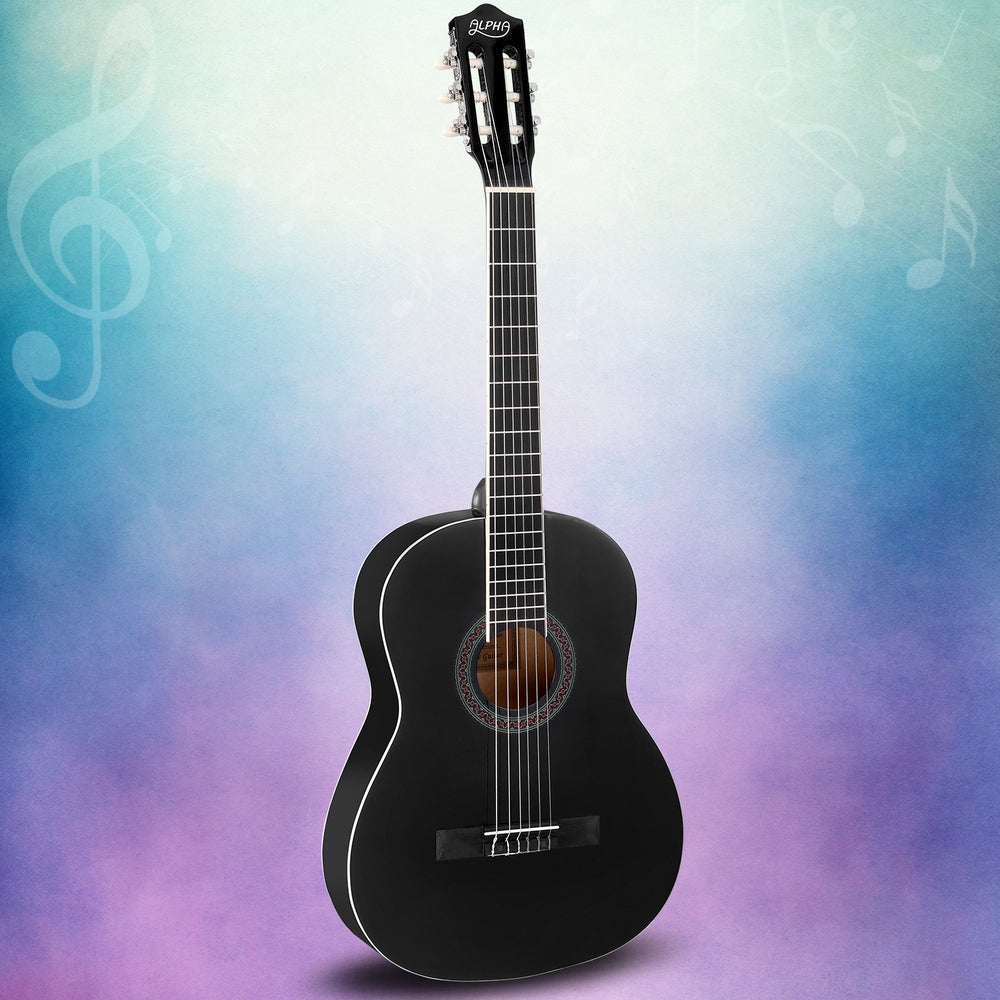 Alpha 39-Inch Beginner Classical Guitar with Wooden Body and Nylon Strings - Black Edition