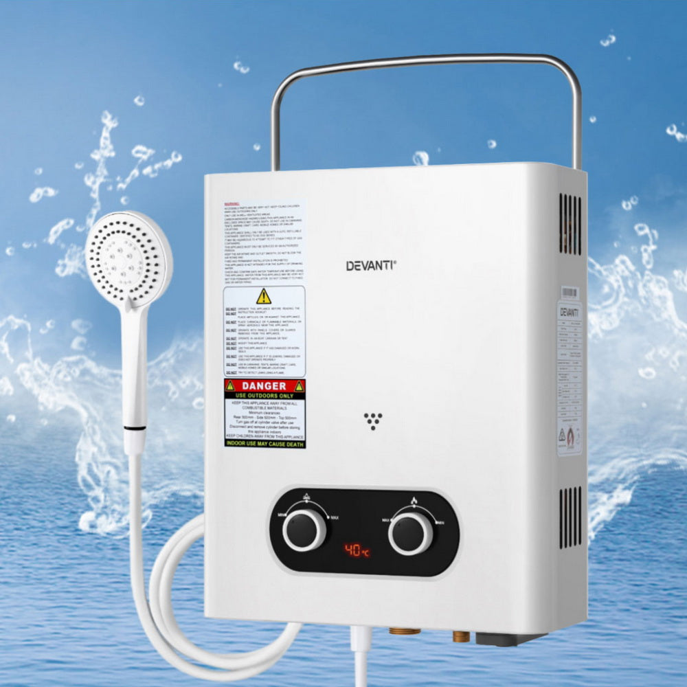 Devanti Portable Gas Water Heater 6LPM Outdoor Camping Shower White