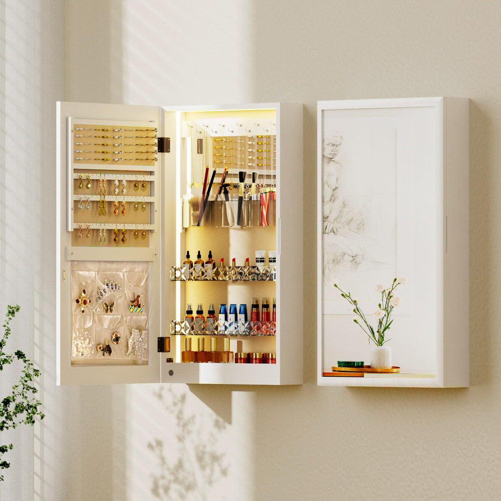 Artiss Wall-Mountable Jewellery Cabinet with LED Mirror and Makeup Storage