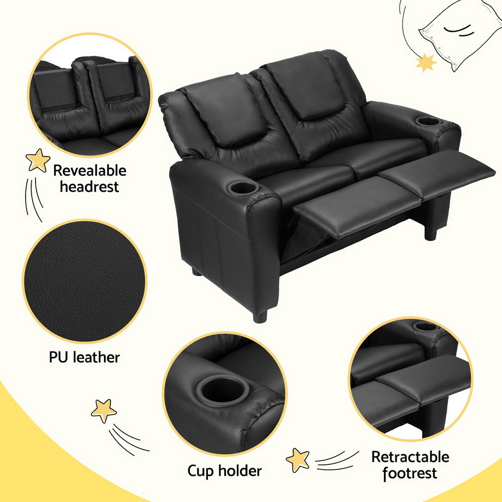 Keezi Kids Recliner Chair Double PU Leather Sofa Lounge Couch Armchair Black