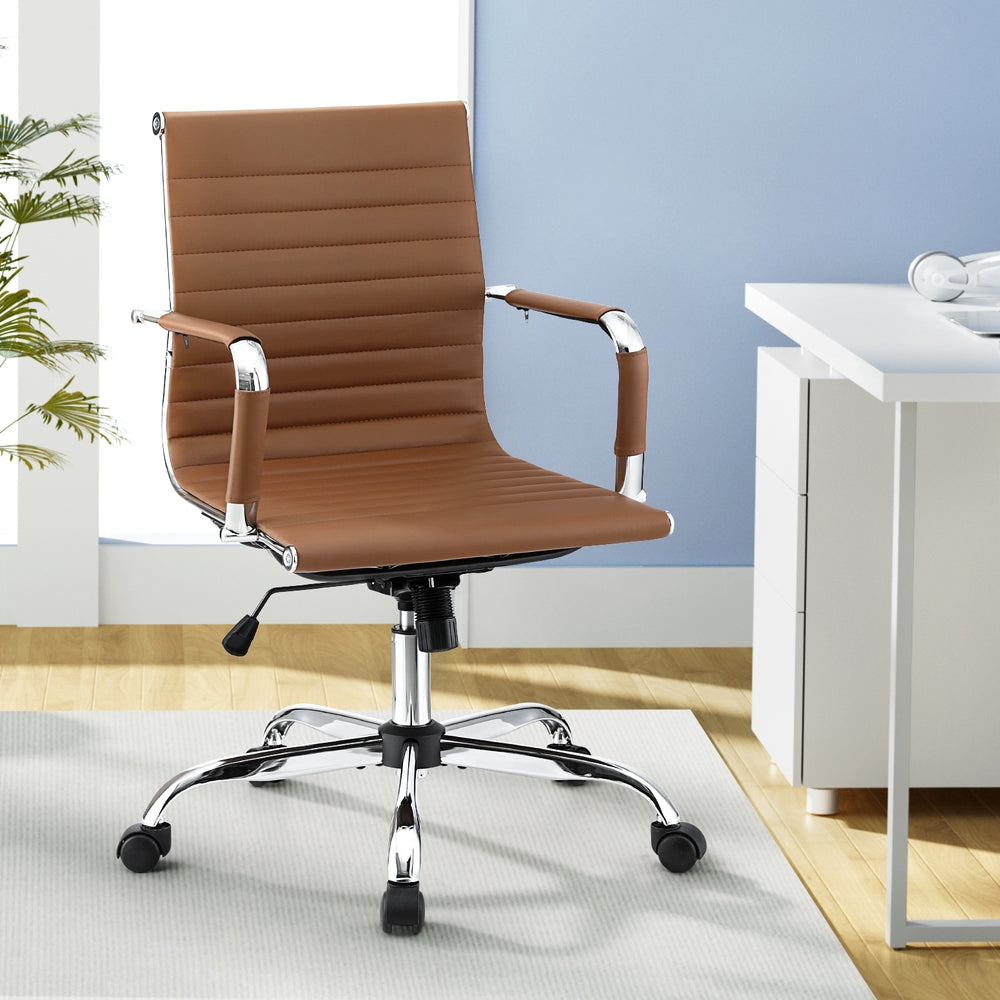 Artiss Office Chair Conference Chairs PU Leather Mid Back Brown