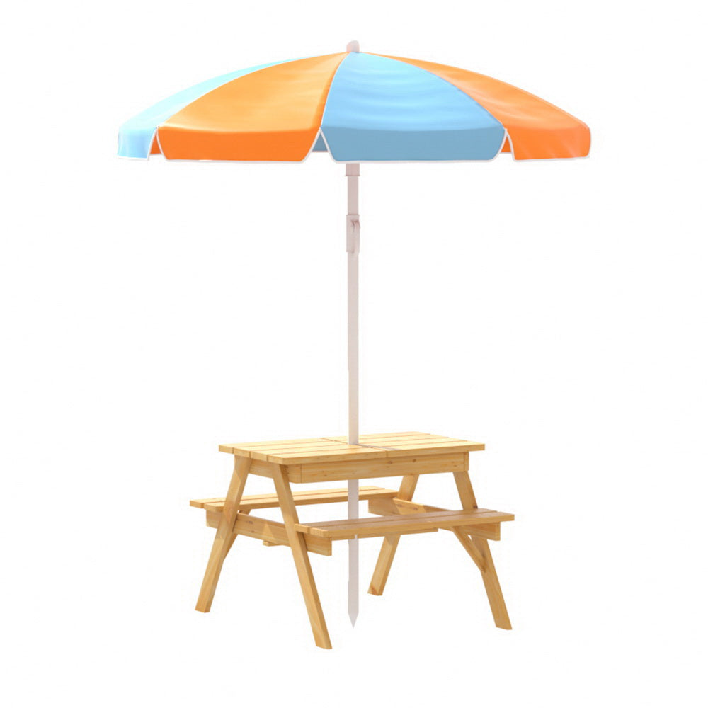 Keezi Kids Picnic Table and Chair Set with Adjustable Umbrella and Storage Boxes for Outdoor Fun