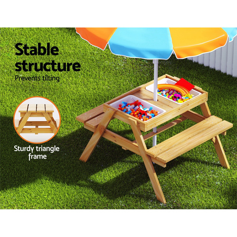 Keezi Kids Picnic Table and Chair Set with Adjustable Umbrella and Storage Boxes for Outdoor Fun