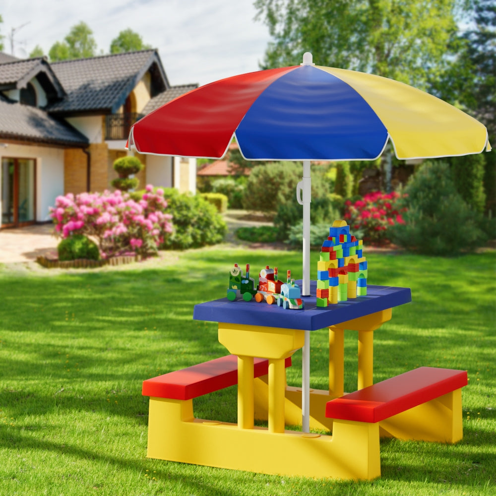 Keezi Kids Colorful Picnic Table and Chair Set with Adjustable Umbrella for Indoor/Outdoor Fun