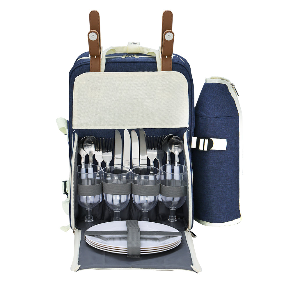 Alfresco 4 Person Picnic Basket Set Backpack Bag Insulated Blue