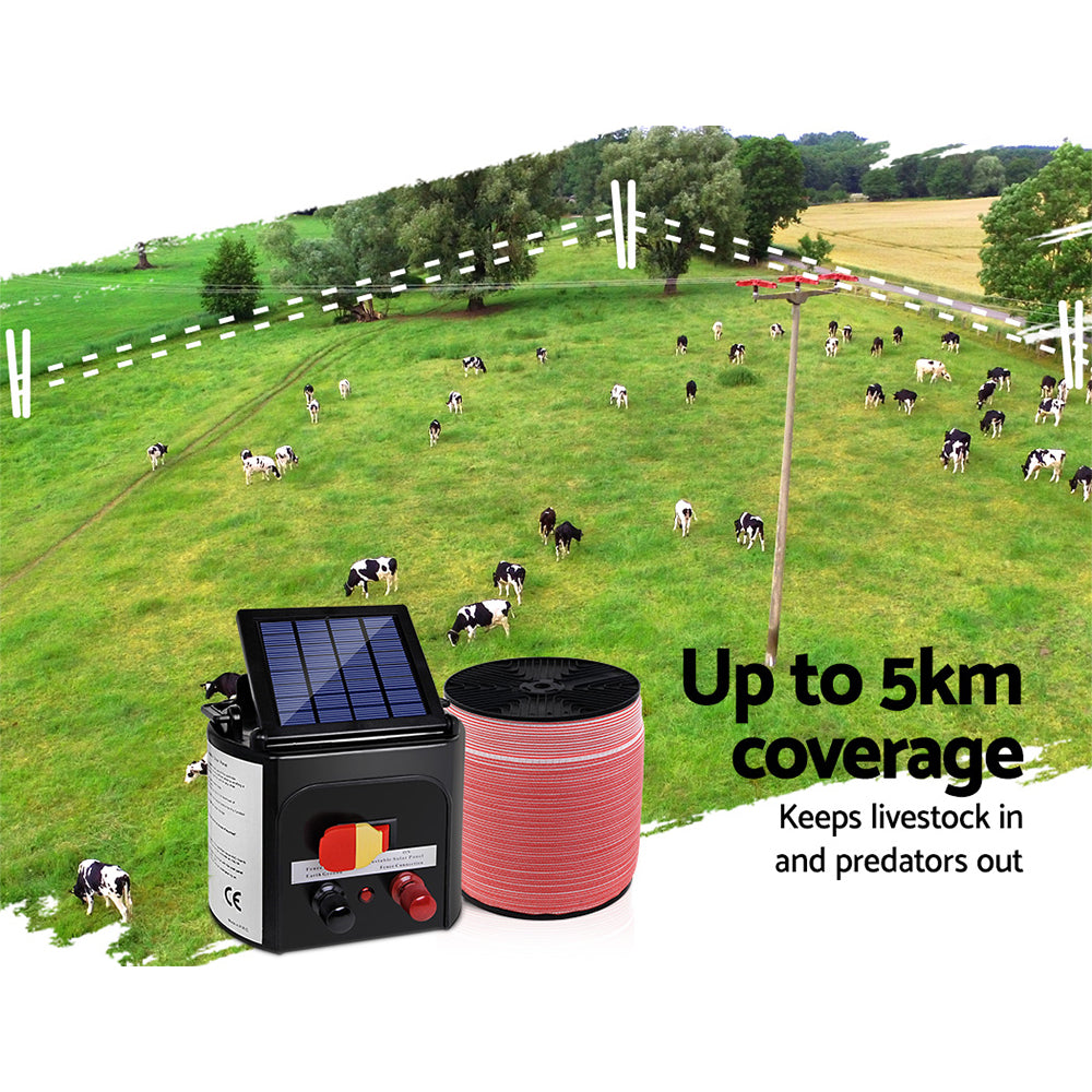 Giantz Fence Energiser 5KM Solar Powered Electric 2000M Poly Tape