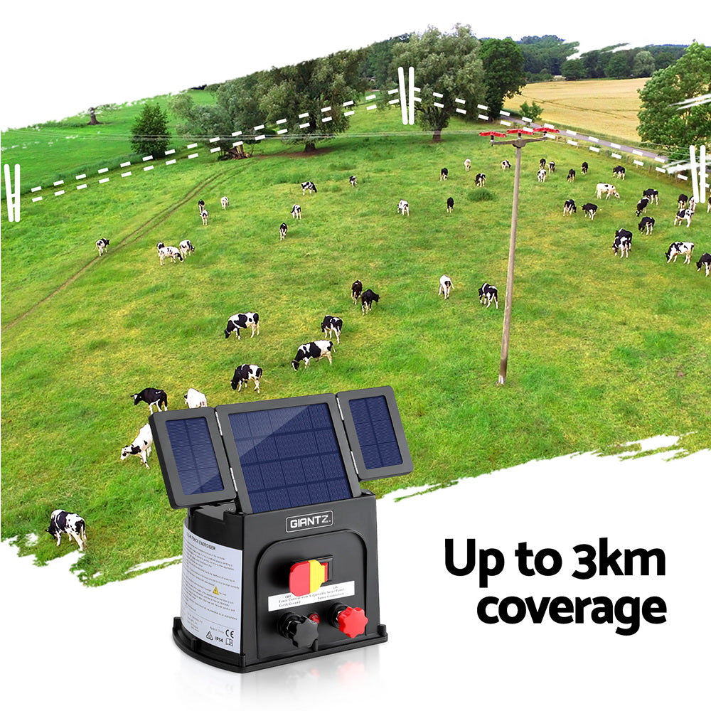 Giantz 3km Solar-Powered Electric Fence Energiser with 0.1J Output for Livestock Protection