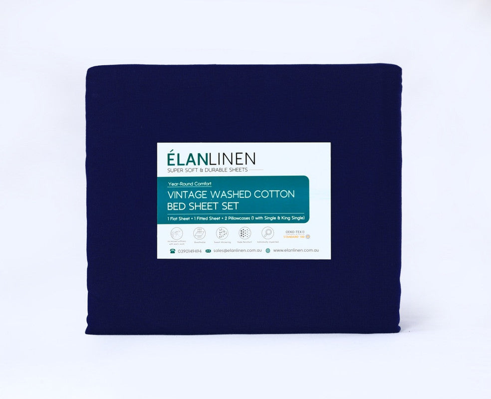 Navy Blue Vintage Washed 100% Egyptian Cotton 500TC Double Bed Sheets Set by Elan Linen