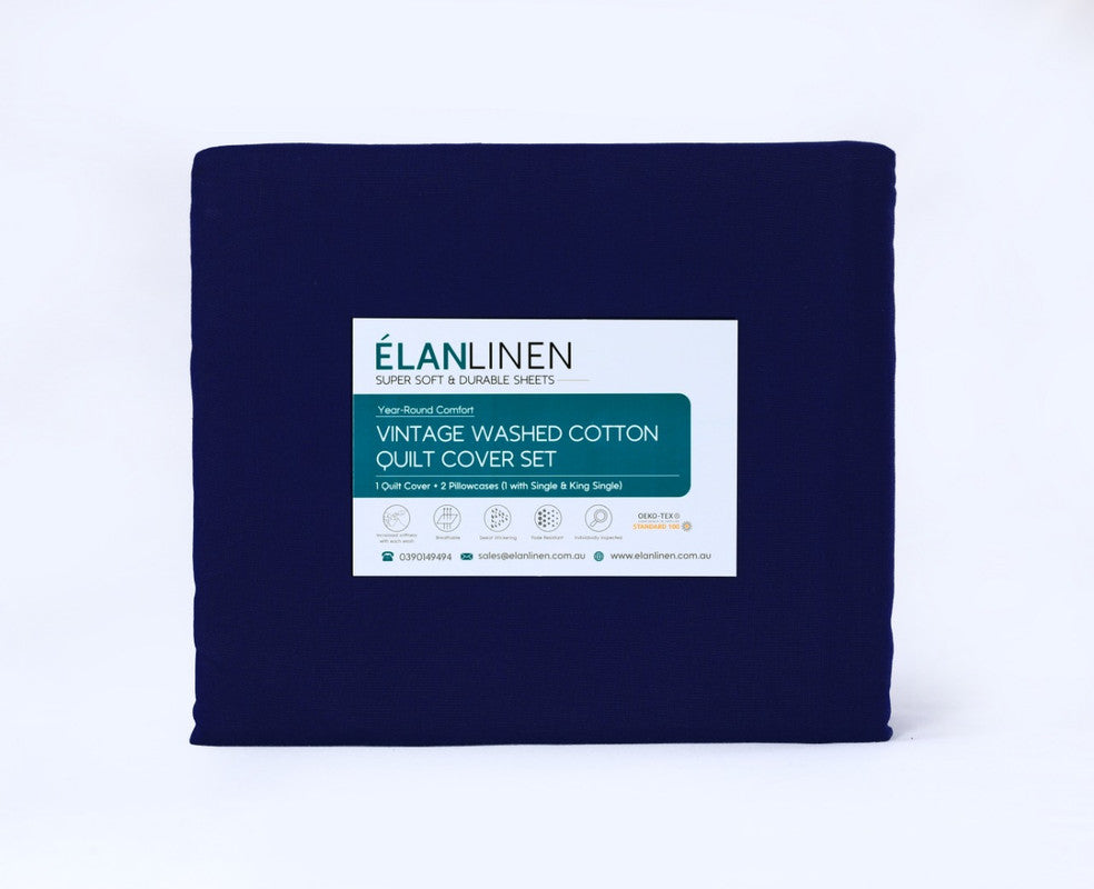 Navy Blue Vintage Washed 100% Egyptian Cotton 500TC Double Bed Sheets Set by Elan Linen