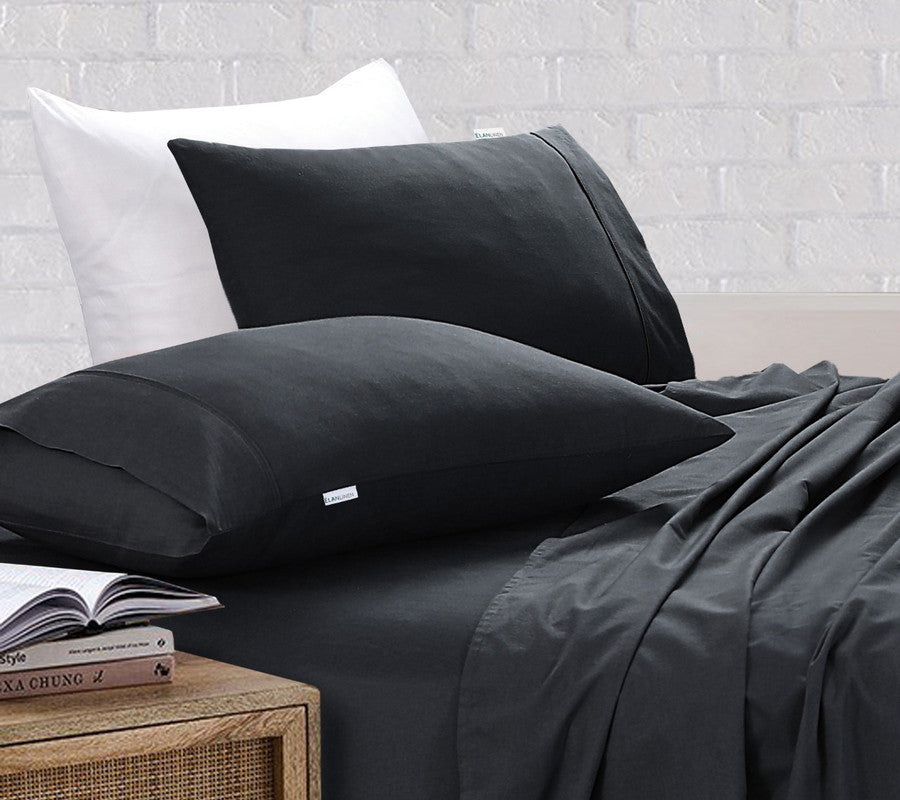 Elan Linen Vintage Washed 500TC Charcoal 100% Egyptian Cotton Bed Sheets Set for King Single