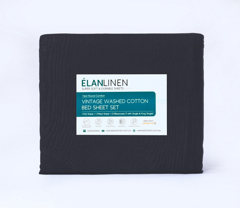 Elan Linen Vintage Washed 500TC Charcoal 100% Egyptian Cotton Bed Sheets Set for King Single