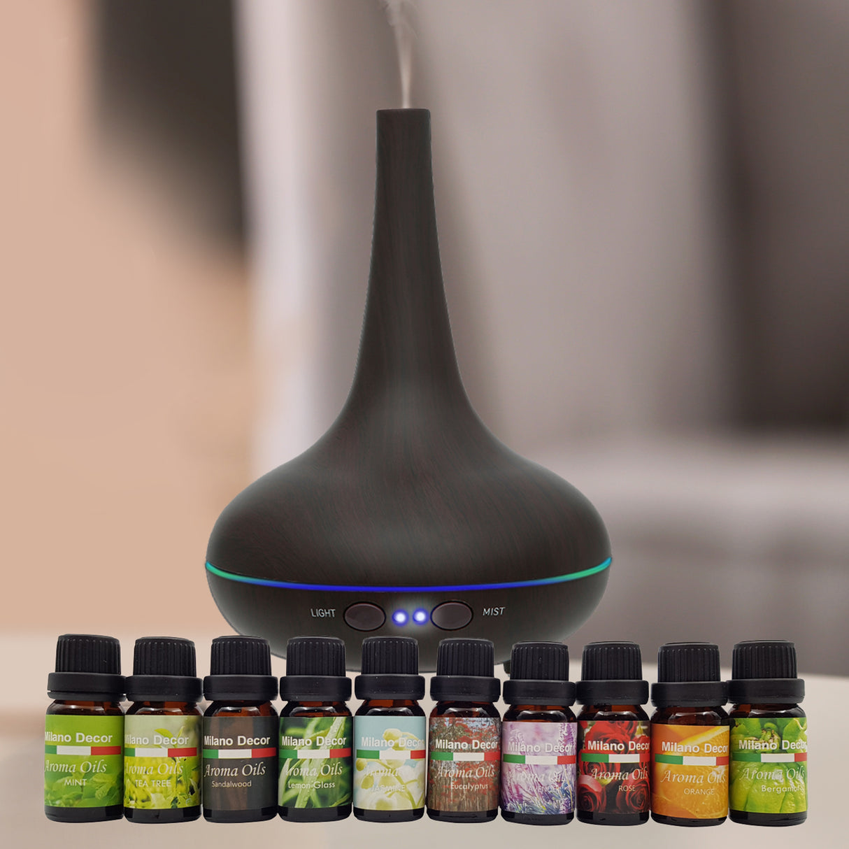 Milano Aroma Diffuser Set With 13 Pack Diffuser Oils Humidifier Aromatherapy - Dark Wood