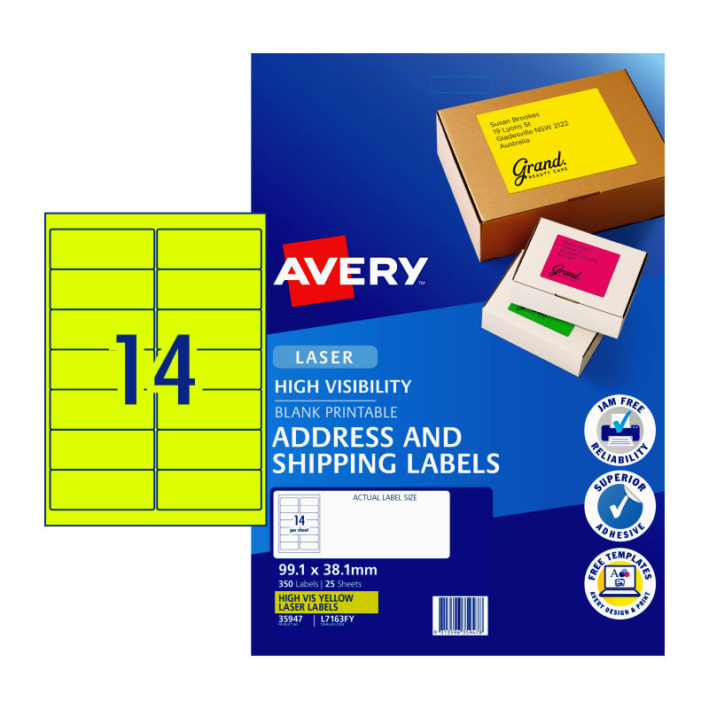 AVERY Yellow Laser Labels L7163F Y14Up - Pack of 25