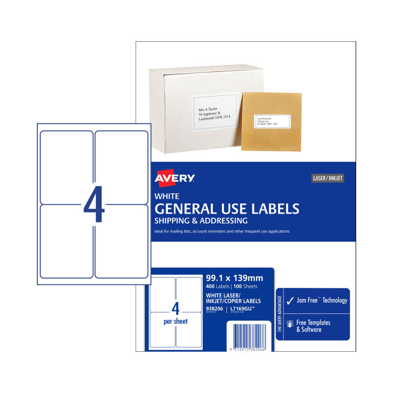 AVERY General Label L7169GU 4-Per-Sheet Box of 100