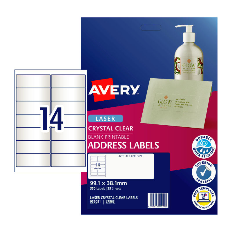 AVERY Clear Laser Labels L7563, 14 Labels per Sheet, Pack of 25