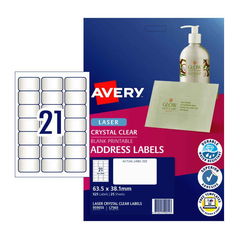 AVERY Clear Labels L7560 - 21 per Sheet, Pack of 25