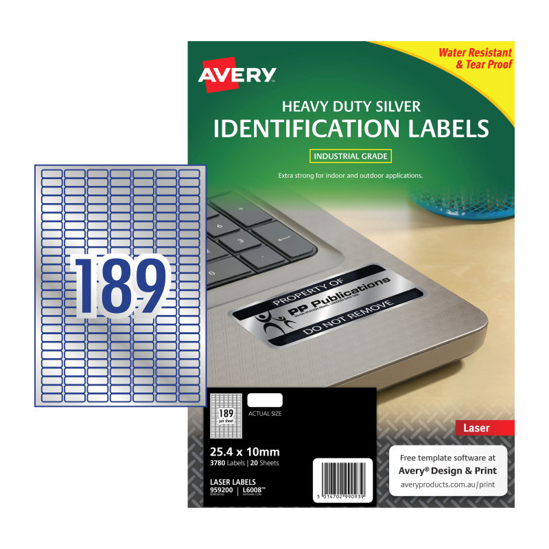 AVERY LaserLabel Silver L6008 189 Labels per Sheet, Pack of 20