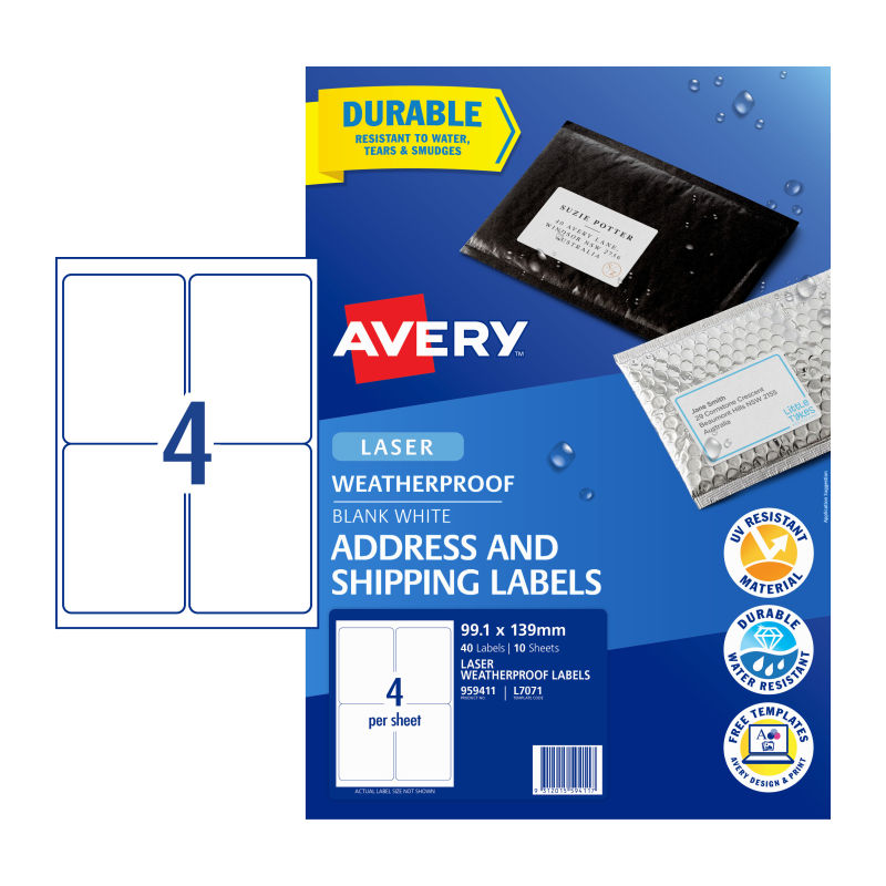 AVERY L7071 Laser Labels - 4 Labels per Sheet, Pack of 10