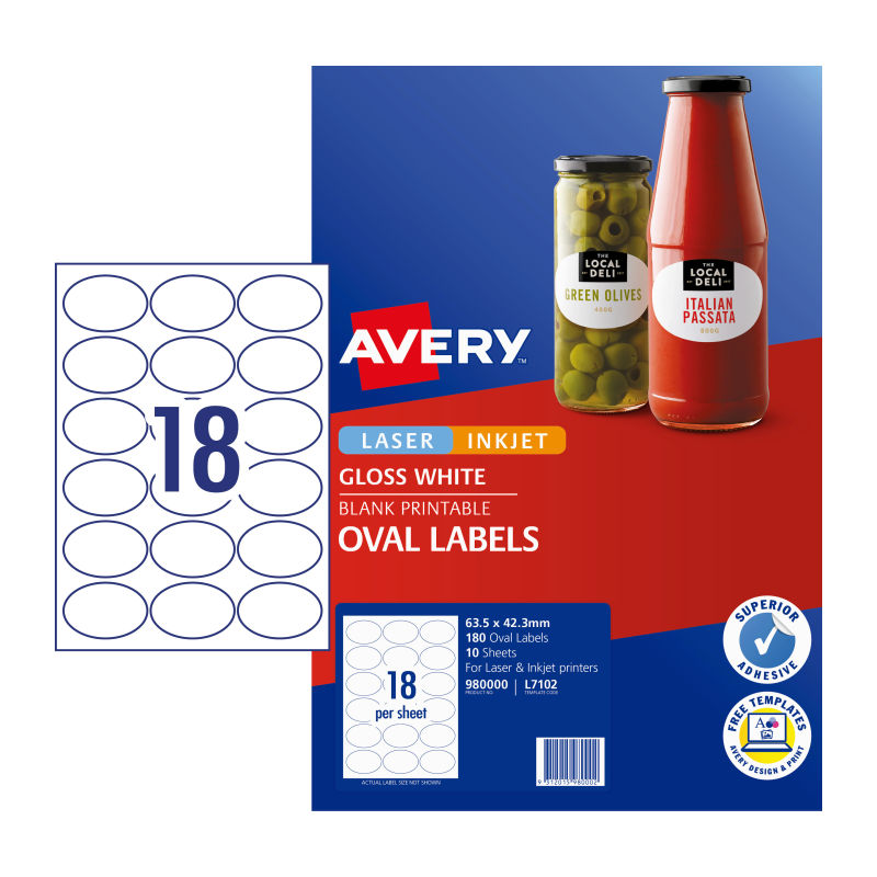 AVERY Oval Labels L7102 - 18 per Sheet, Pack of 10