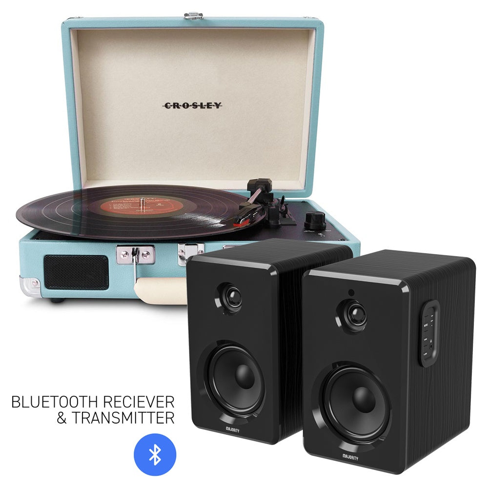 Crosley Cruiser Bluetooth Portable Turntable Bundle with Majority D40 Bluetooth Speakers - Turquoise and Black