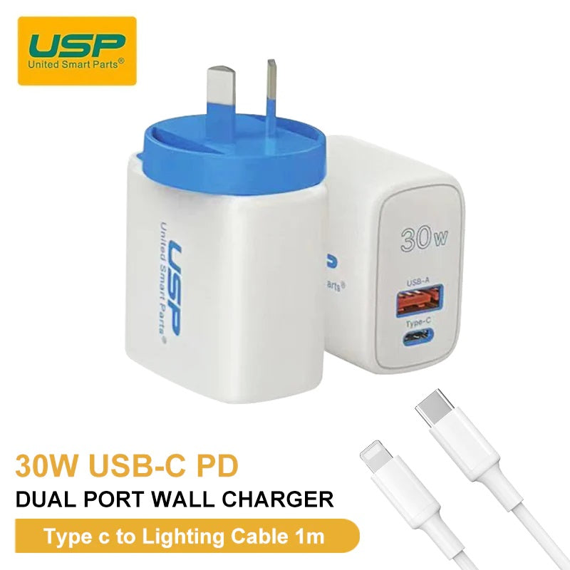 30W Dual Port Fast Wall Charger with Lightning Cable - PD & QC3.0 Compatible, Compact Travel Design