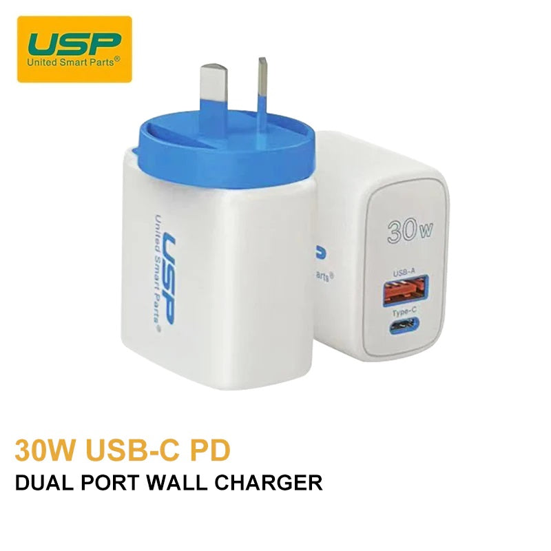 30W Dual Port USB-A & USB-C PD Fast Wall Charger - Compact, Travel-Ready, Safe Charging with FireProof Material