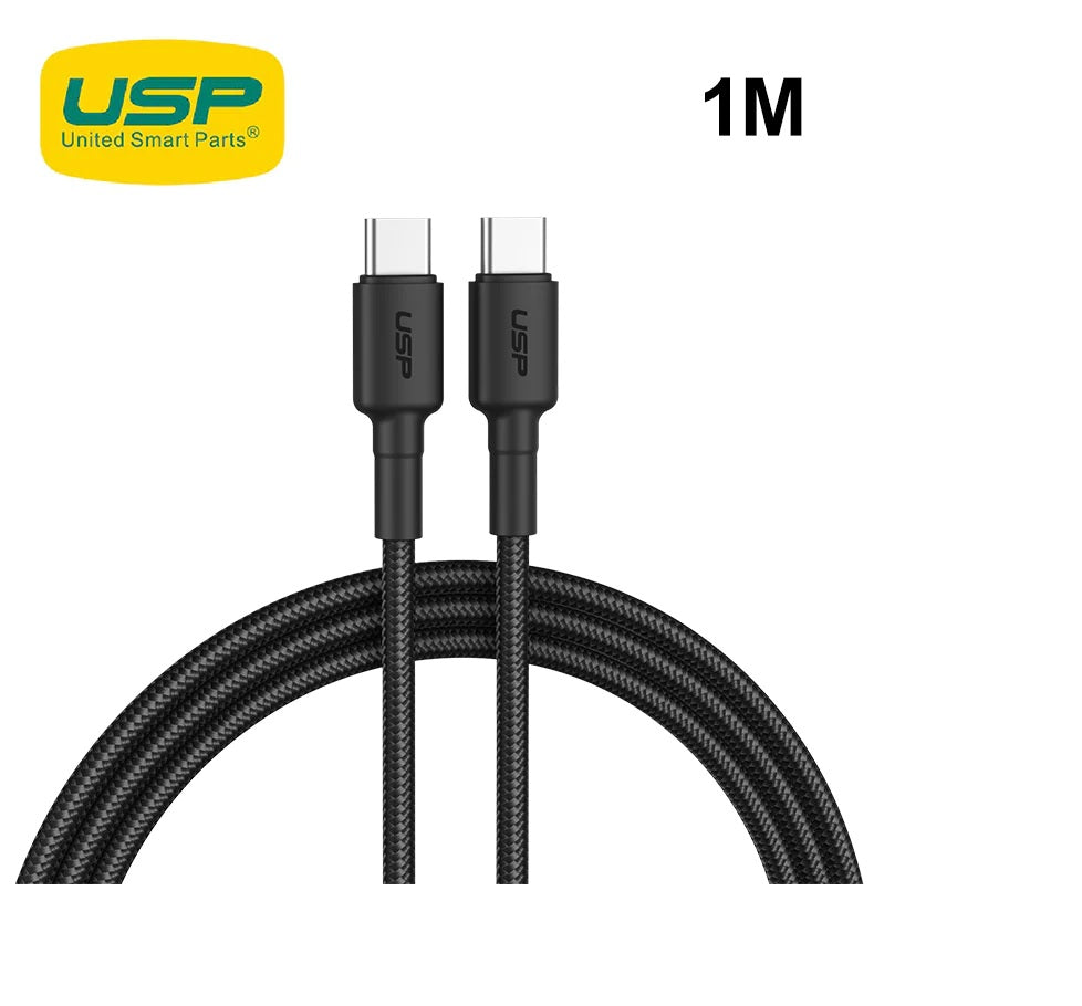 USP BoostUp 1M USB-C to USB-C Charging Cable - Black, 3A Fast Charge, Durable Nylon with Reinforced Joint