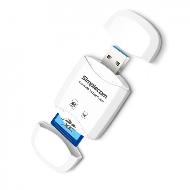 SIMPLECOM CR303 2-Slot USB 3.0 Memory Card Reader with Dual Protection Caps - White