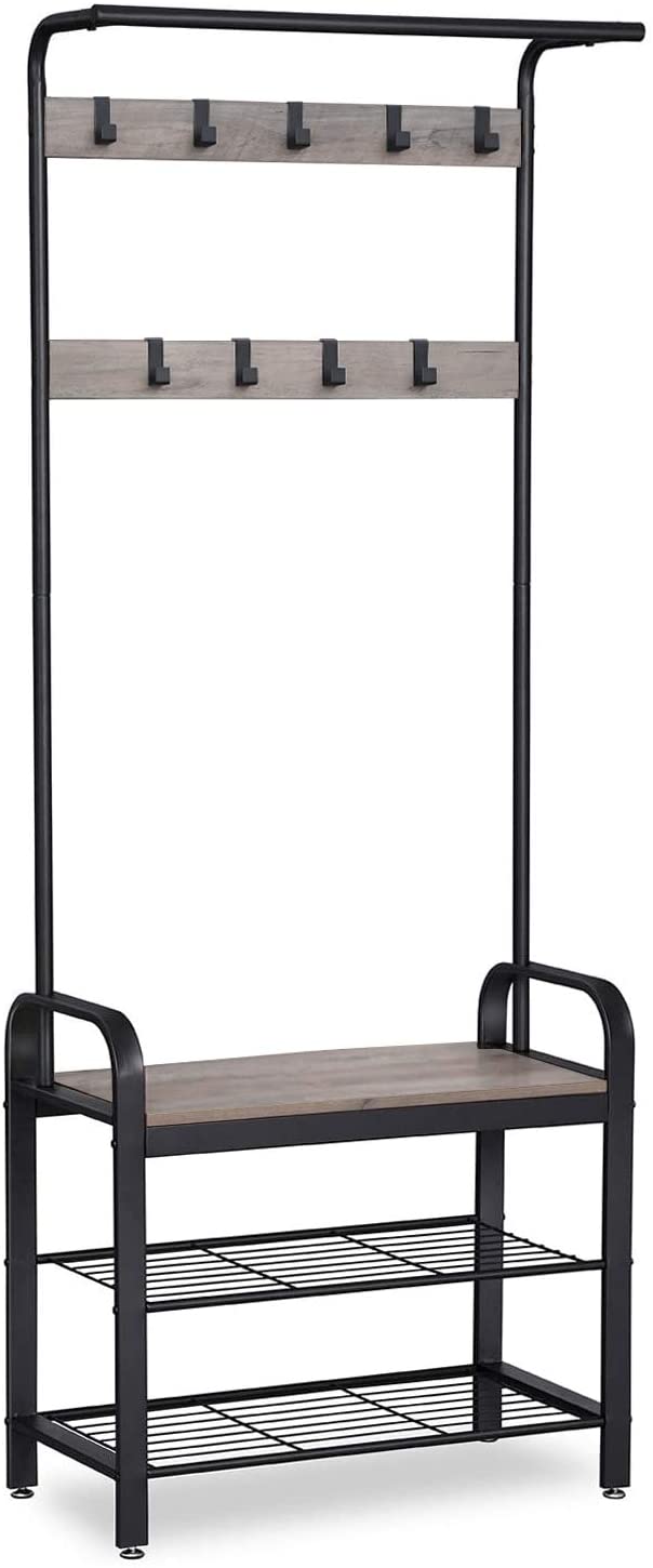 Stylish Greige and Black Steel Coat Rack with Bench and Shoe Storage, Height 183 cm