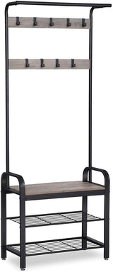 Stylish Greige and Black Steel Coat Rack with Bench and Shoe Storage, Height 183 cm