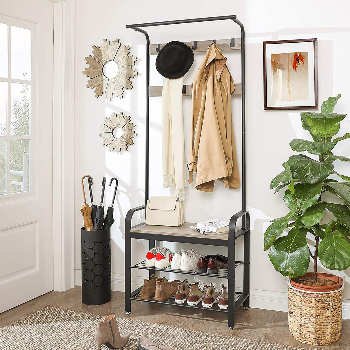 Stylish Greige and Black Steel Coat Rack with Bench and Shoe Storage, Height 183 cm