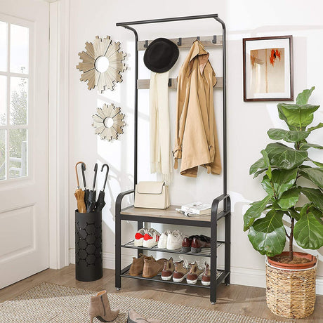 Stylish Greige and Black Steel Coat Rack with Bench and Shoe Storage, Height 183 cm