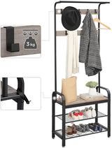 Stylish Greige and Black Steel Coat Rack with Bench and Shoe Storage, Height 183 cm