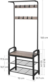 Stylish Greige and Black Steel Coat Rack with Bench and Shoe Storage, Height 183 cm